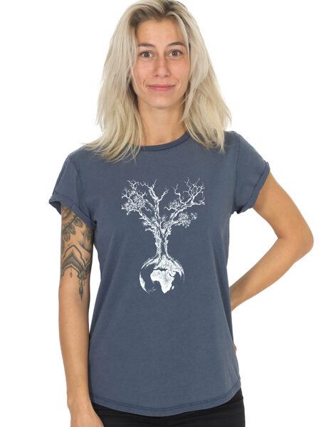 Life-Tree Shirt aus Biobaumwolle Fairwear für Damen "Weltenbaum" in Washed Green/Washed Blue von Life-Tree
