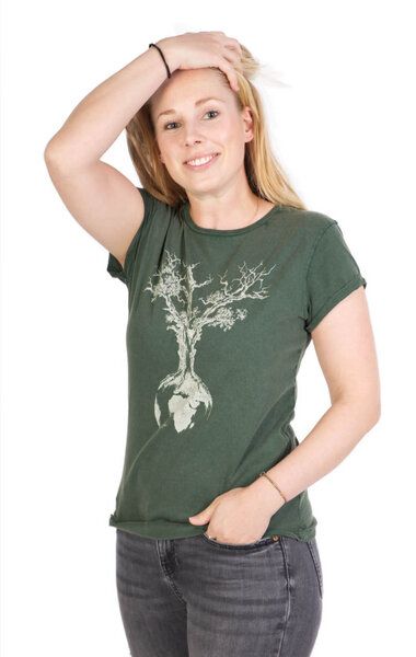Life-Tree Shirt aus Biobaumwolle Fairwear für Damen "Weltenbaum" in Washed Green/Washed Blue von Life-Tree