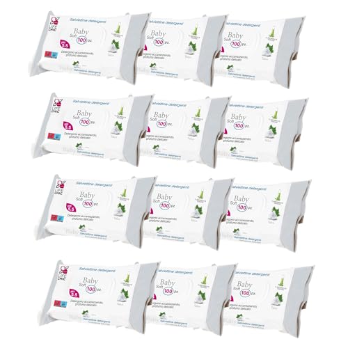 LifeChic Babytücher mit Talkum, für empfindliche Haut, alkoholfrei, hautfreundlich, pH-Wert 5,5, sanft parfümiert, 1200 Stück (12 Packungen) von LifeChic