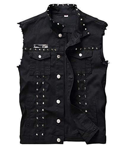 LifeHe Herren Ärmellose Revers Punk Reißverschluss Denim Jeans Westen Jacke mit Nieten, Schwarz, XL von LifeHe