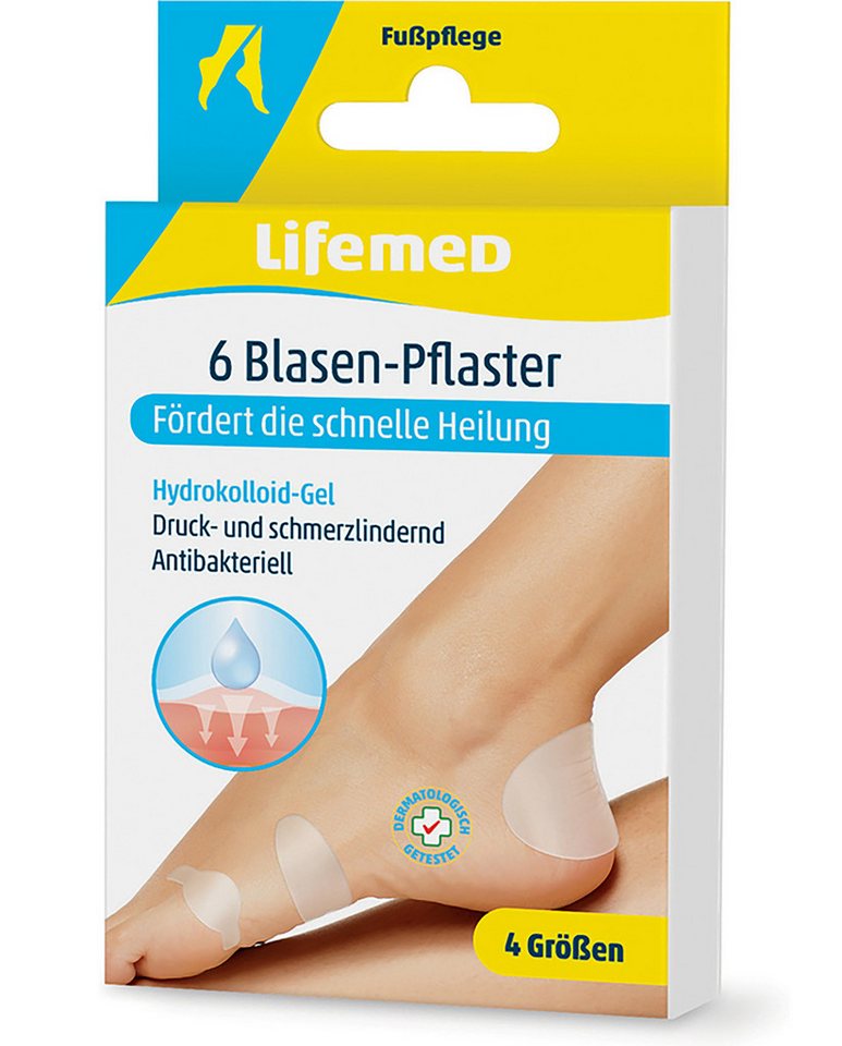 LifeMed Blasenpflaster 6x BLASEN-PFLASTER mit Hydrokolloid-Gel 4-Größen Fersenpflaster 09 (6 St), Druckstellen Kissen Druck Blasenpflaster von LifeMed
