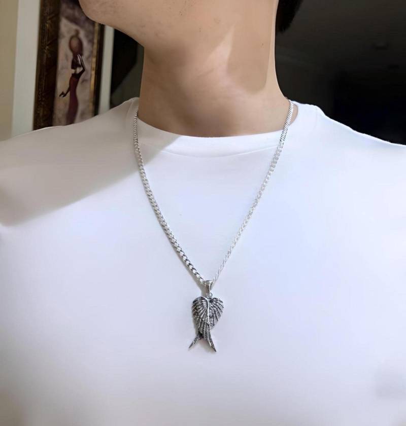 Massives Sterling Silber Engel Flügel Halskette Schutzengel Anhänger Unisex, Dicke Kette Für Männer | Längere Längen Erhältlich Dünn Frauen von LifeOfSilver