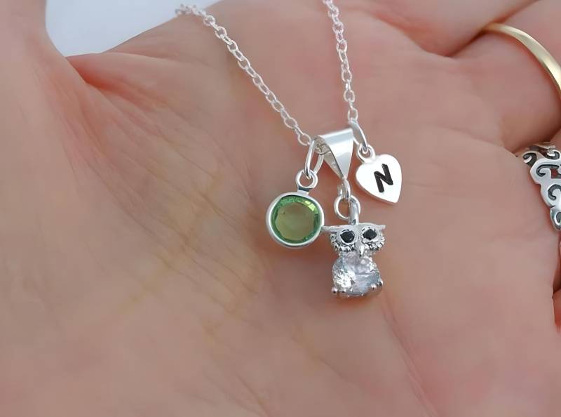 Silber Eule Halskette, Zirkonia Schmuck. Silberne Wählen Sie Ihren Charme Anfangs - Und Geburtsstein, Eulen-Schmuck Kette Aussuchen von LifeOfSilver