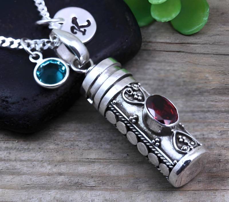 Kapsel-Halskette, Sterling Silber, Eleganter Andenken-Anhänger Mit Rubin. Optional Geburtsstein & Anhänger. Wählen Sie Eine Dicke Männer Dünne von LifeOfSilver