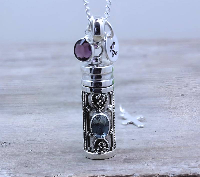 Sterling Silber Echt Aquamarin Stein Parfüm Oder Pillen Box Halskette Memory Love Diejenigen. Wählen Dicke Kette Männer, Dünne Für Frauen. Aqua-683 von LifeOfSilver