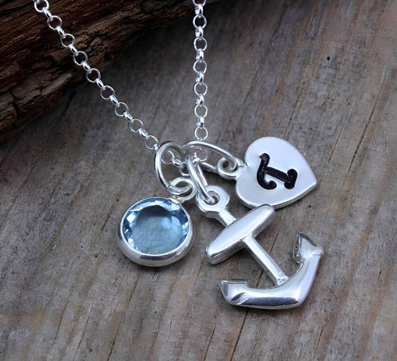 sterling Silber Anker, Personalisierter Anfangsgeburtsstein Und Kette. Anker Schmuck. Brautjungfer Geschenk sterling Silber Anker, Personalisierter Anfangsgeburtsstein Und Kette. Anker Schmuck. Brautjungfer Geschenk von LifeOfSilver