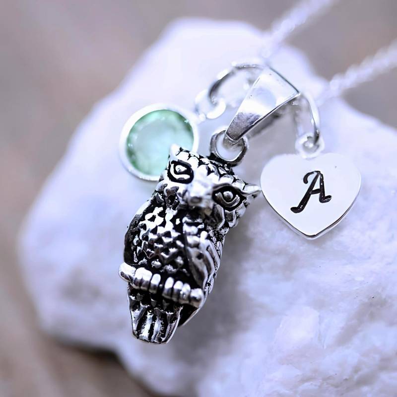 sterling Silber Eule Halskette, Wählen Sie Anfangs - Oder Geburtsstein, Schmuck. Kette Aussuchen. Halskette Mit Eulen-Anhänger von LifeOfSilver