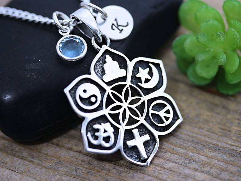 sterling Silber Koexistieren 7 Spirituelle Symbole Meditation. Wählen Sie Initial/Birthstone Oder Davidstern. Kette Aussuchen von LifeOfSilver