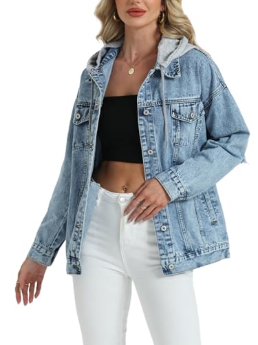 Damen Oversized Jeansjacke Lange Distressed Ripped Trucker Jeans Jacken Mantel Mit Abnehmbarer Kapuze, Hell, blau, X-Large von LifeShe
