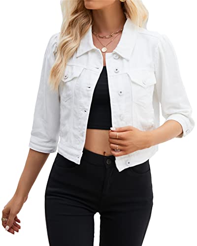 Frauen Cropped Denim Jacke Button Down Kragenlose Langarm ausgefranste Saum Jean Jacken, Cremeweiß, XL von LifeShe