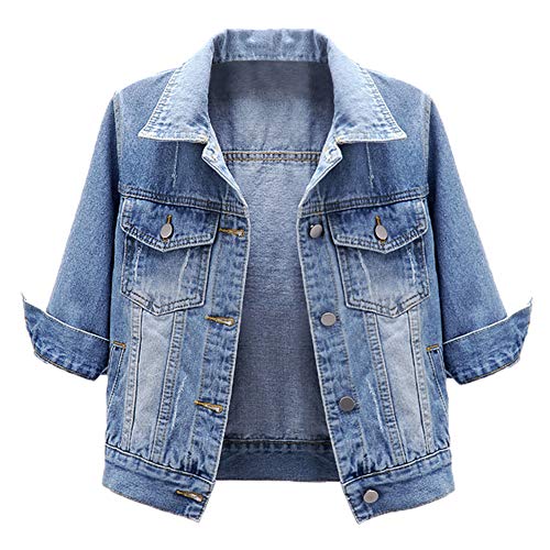 LifeShe Damen 3/4 Ärmel Kurze Jeansjacke Leichte Cropped Jeansjacken Mäntel, Hell, blau, L von LifeShe