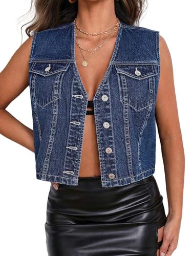 LifeShe Damen Denim Weste Casual Cropped V-Ausschnitt Ärmellos Jeansjacken Weste, Tiefes Blau, XX-Large von LifeShe