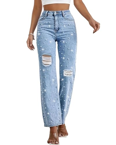 LifeShe Damen-Jeans mit Perlen, gerissen, Used-Look, hohe Taille, gerades Bein, Blau, S von LifeShe