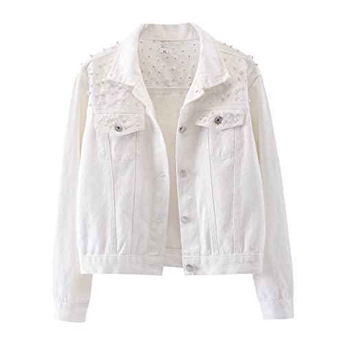 LifeShe Damen-Jeansjacke, bestickt, Perlen-Denim-Jeansjacke, Weiß, L LifeShe Damen-Jeansjacke, bestickt, Perlen-Denim-Jeansjacke, Weiß, L von LifeShe