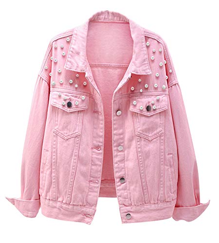 LifeShe Damen-Jeansjacke, bestickt, Perlen-Denim-Jeansjacke, rose, XXL von LifeShe