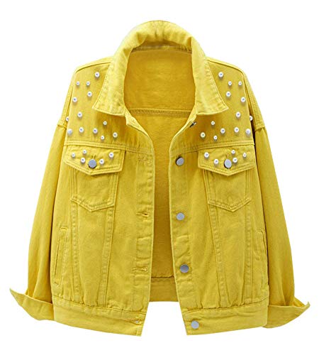 LifeShe Damen Jeansjacke, bestickt, Perlen - Gelb - X-Large von LifeShe
