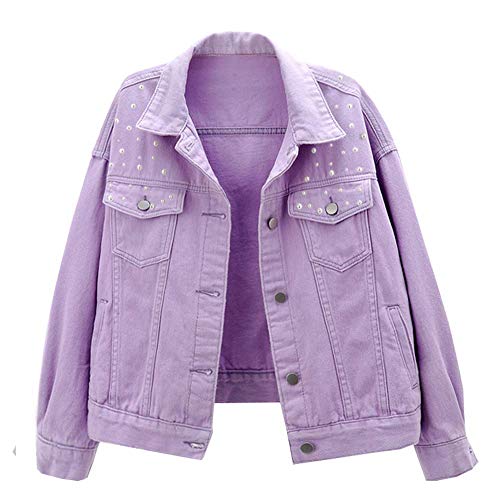 LifeShe Damen Jeansjacke, bestickt, Perlen - Violett - Large von LifeShe