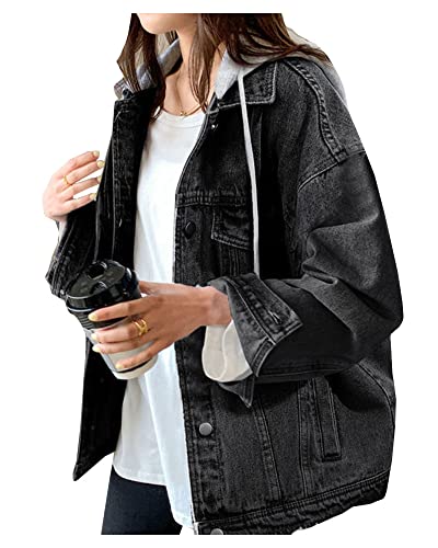 LifeShe Damen Jeansjacke mit Kapuze Oversized Distressed Jeansjacken Hoodie, schwarz, Large von LifeShe