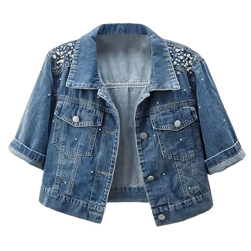 LifeShe Damen-Jeansjacke mit Perlen, Perlen, 3/4-Ärmel, kurze Strass, Jeansjacken, Mäntel, Blau, XL LifeShe Damen-Jeansjacke mit Perlen, Perlen, 3/4-Ärmel, kurze Strass, Jeansjacken, Mäntel, Blau, XL von LifeShe