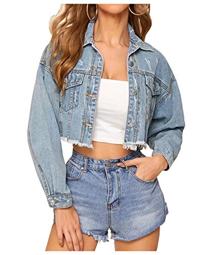 LifeShe Damen Jeansjacke mit ausgefranstem Saum - Blau - Small von LifeShe