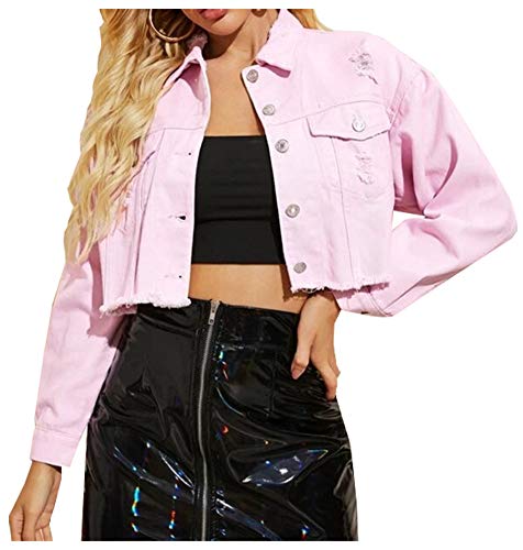 LifeShe Damen Jeansjacke mit ausgefranstem Saum - Pink - Klein LifeShe Damen Jeansjacke mit ausgefranstem Saum - Pink - Klein von LifeShe