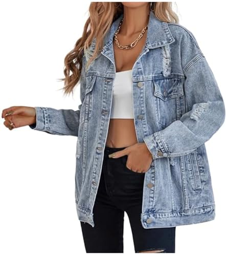 LifeShe Damen Lange Oversized Jeansjacke Boyfriend Ripped Distressed Jeans Jacken Mantel, Hell, blau, XXL von LifeShe