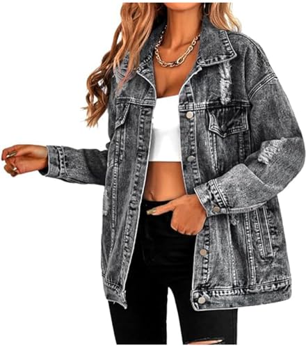 LifeShe Damen Lange Oversized Jeansjacke Boyfriend Ripped Distressed Jeans Jacken Mantel, Schwarz, XXL von LifeShe