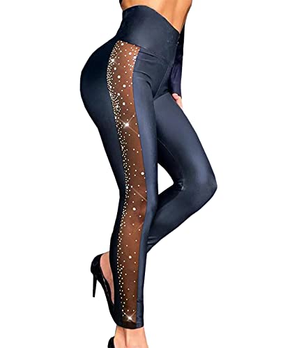 LifeShe Damen Leggings Hose Kunstleder y2k Hohe Taille Patchwork Strass Skinny Hose, Schwarz (B), Groß von LifeShe