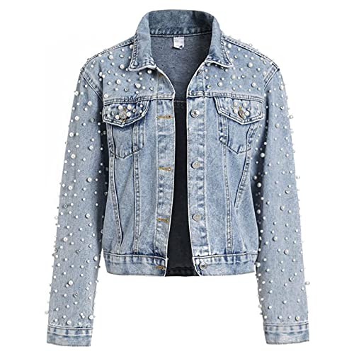 LifeShe Damen Perlen Jeansjacke Cropped Strass Jeans Jacke Mantel, Blau, L von LifeShe