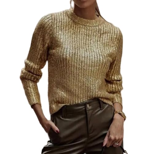 LifeShe Damen-Pullover, metallisch, einfarbig, Strickpullover, Rundhalsausschnitt, lässig, lockerer Pullover, Tops, Bluse, Gold, Mittel von LifeShe