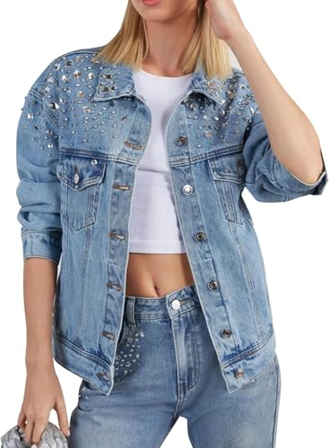 LifeShe Damen Strass Jeansjacke Casual Langarm Jeans Trucker Jacke Mantel, Blau, XXL von LifeShe