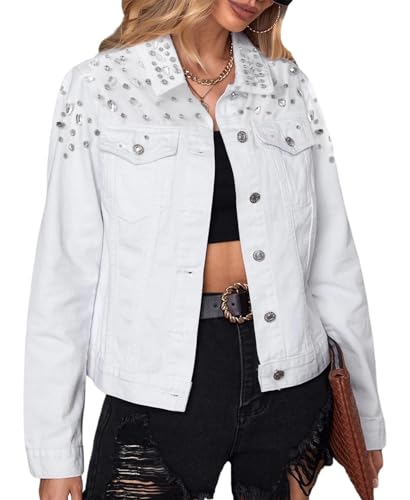 LifeShe Damen Strass Jeansjacke Casual Langarm Jeans Trucker Jacke Mantel, Weiss/opulenter Garten, L von LifeShe
