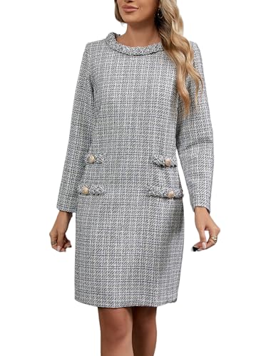 LifeShe Damen Langarm Tweed Minikleid Business Arbeit Kurzes Kleid Elegant Niedlich Partykleider, Grau kariert, Klein von LifeShe