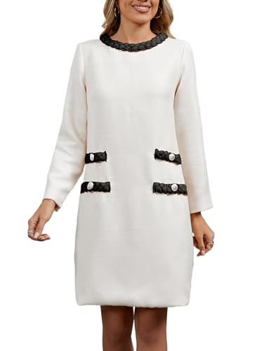 LifeShe Damen Langarm Tweed Minikleid Business Arbeit Kurzes Kleid Elegant Niedlich Partykleider, Weiss/opulenter Garten, Mittel von LifeShe