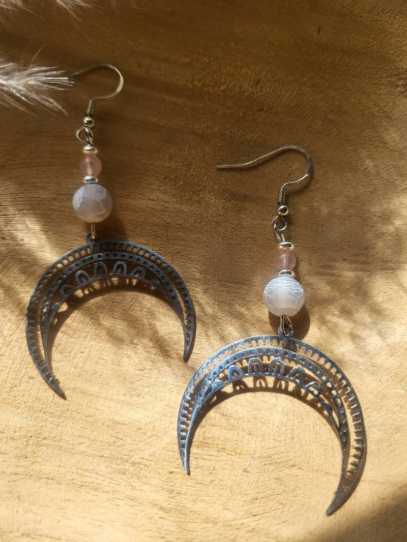 Edelstein Hängeohrringe Boho Style Silber Spirituell Halbmond Achat Und Rosenquarz von LifeStyle76