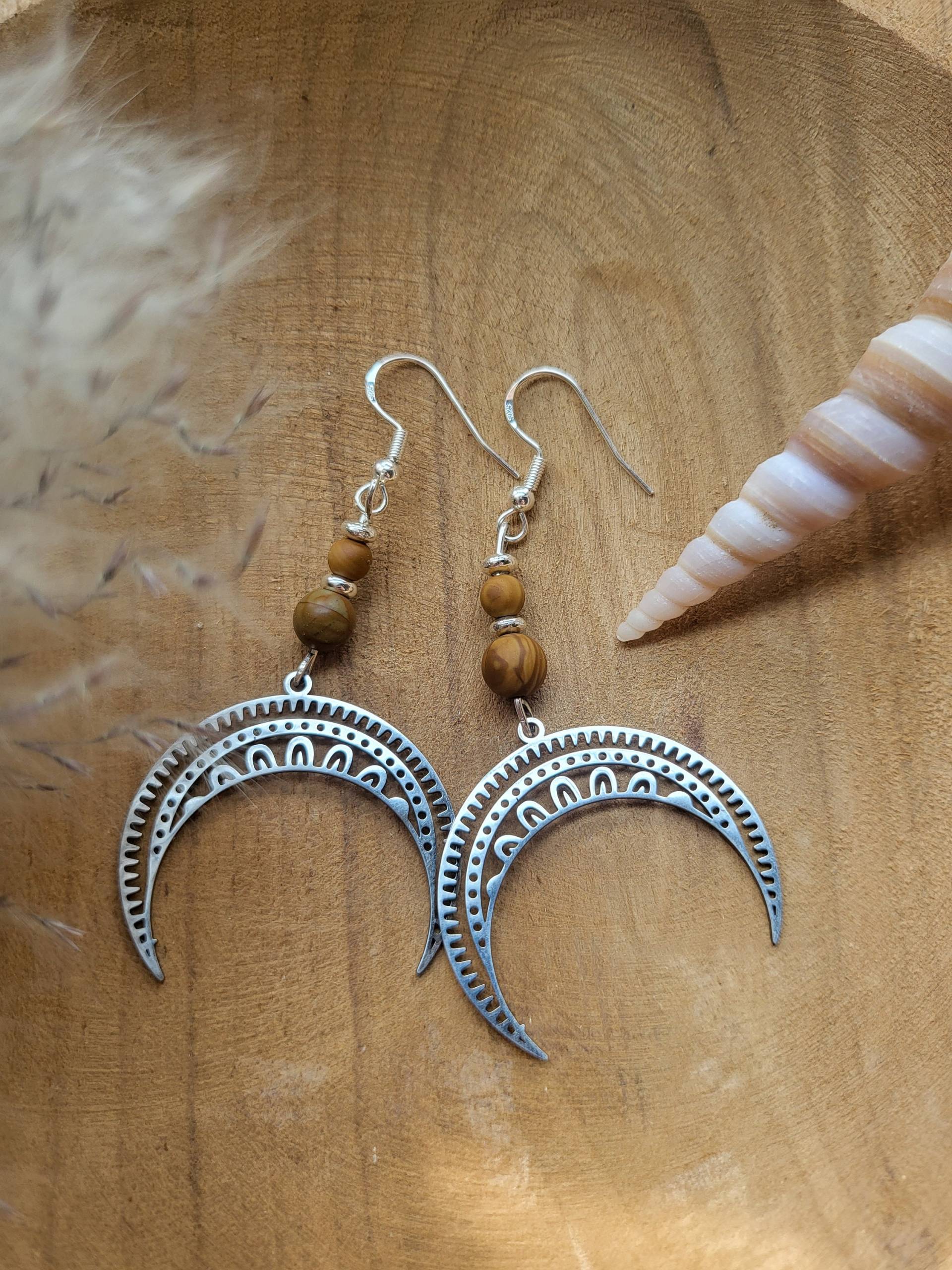 Moderne Boho Vintage Ohrringe Mond Hängend Silber Holz Perlen Energetisch Filigran Natur Geburtstag Geschenk von LifeStyle76