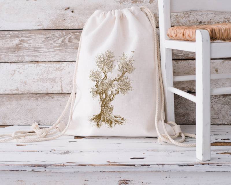Life-Tree Organic Gymsack Collage "Olivenbaum" Artsy Stringbag - High Quality Handpainted Design von LifeTreeDE
