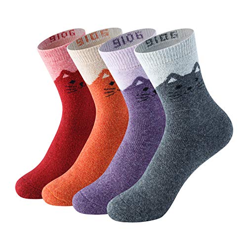 LifeWheel Wollesocken Damen Winter mit Innenfrottee Stricksocken Atmungsaktive Warme Weiche Dicke Katze Süße Design Socken von LifeWheel