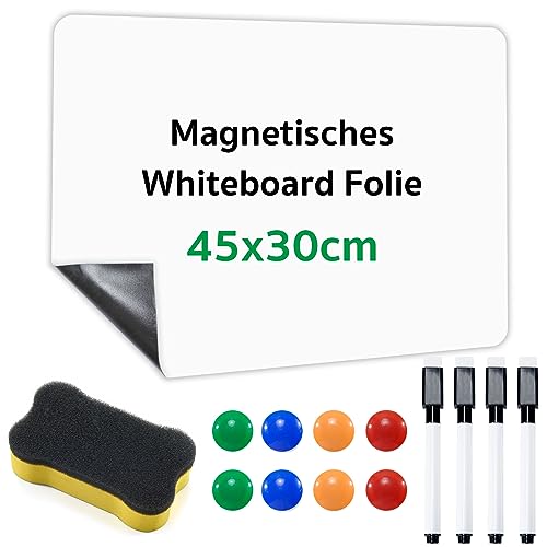 Magnetisches Whiteboard Folie 45x30 cm mit 8 Magnete Schwamm & 4 Stift & 1 Whiteboard Schwamm Magnetisch, Abwischbare DIY Magnetisches Whiteboard, Trocken Weißtafel, agnetfolie Selbstklebend Weiß von Lifeant