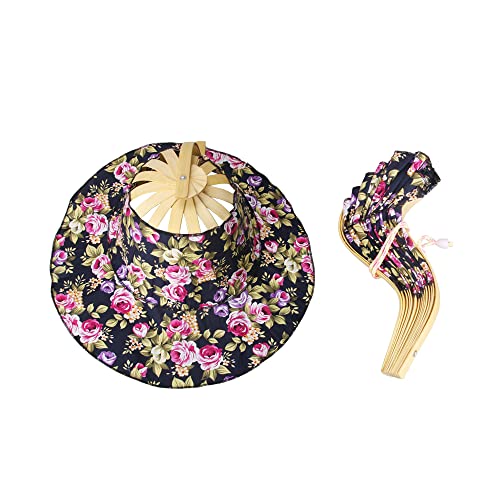 Lifenanny 2 in 1 tragbarer Bambus-Sonnenhut für Damen, Blumenmuster, Handfächer, Sommer, faltbar, Strandhut für Reisen, Outdoor, Dunkelblaue Pfingstrose, Einheitsgröße von Lifenanny