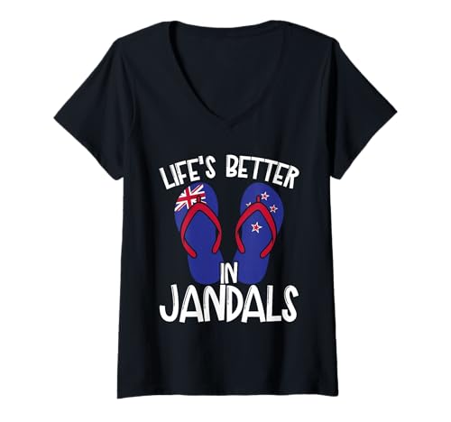 Damen Das Leben ist Besser in Jandals, Neuseeland, Summer Beach T-Shirt mit V-Ausschnitt Damen Das Leben ist Besser in Jandals, Neuseeland, Summer Beach T-Shirt mit V-Ausschnitt von Lifes Better In Jandals New Zealand