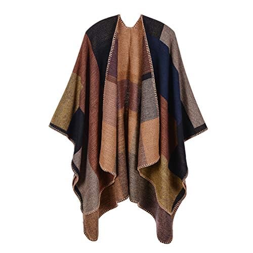 Lifetooler Frauen Poncho Open Front Winterstrickjacke Lady Wendeumhang Bedruckte übergroße Umhänge Karierte Strickdecke Tartan Decke Bohemia Geometrisches Muster Schal (quadratisch-Khaki) von Lifetooler