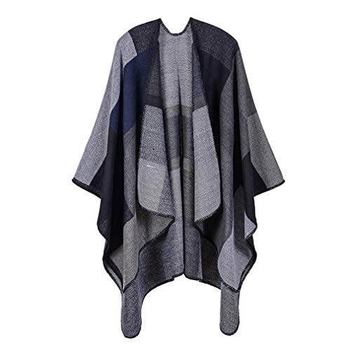 Lifetooler Frauen Poncho Open Front Winterstrickjacke Lady Wendeumhang Bedruckte übergroße Umhänge Karierte Strickdecke Tartan Decke Bohemia Geometrisches Muster Schal (quadratisch-schwarz) von Lifetooler