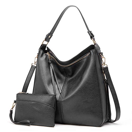 Lifetooler Handtaschen Set Gross Leder Schultertasche Umhängetasche Geldbörse Hobo Damen Taschen Set für Büro Schule Einkauf Reise eschenke für Frauen 2pcs(schwarz) von Lifetooler