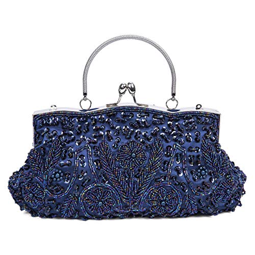 Lifewish Damen Abendtasche Perlen Pailletten Design Metallrahmen Küssen Schloss Satin Innen Abendtasche Clutch, blau, Large von Lifewish