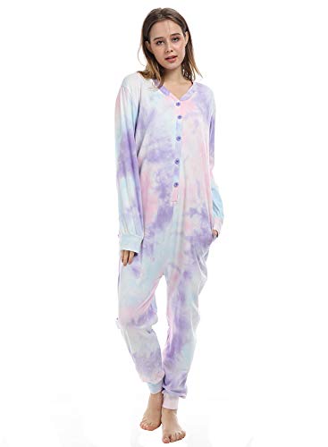 Lifeye Damen Einteiler Pyjama Strampler Nachtwäsche Set Batikfärbung Langarm Jumpsuit Homewear mit Drop Seat Butt Flap, rosa / purpur, S von Lifeye