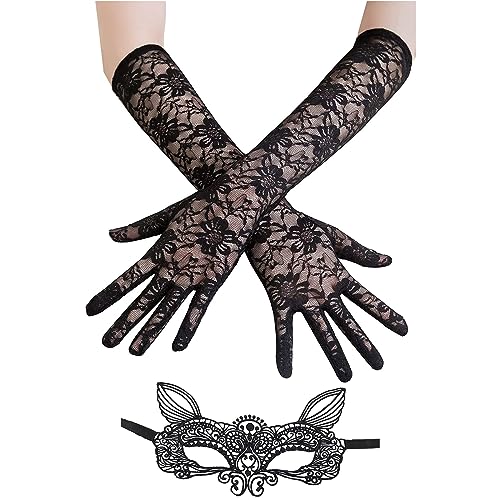 Lange Spitzenhandschuhe, Schwarze Spitzenhandschuhe für Frauen, Florale Spitzenhandschuhe, Hochzeitshandschuhe mit 1PC Schwarze Spitze Katzenmaske Halloween Kostüme Prom Maskerade Hochzeit Accessoire von Lifreer