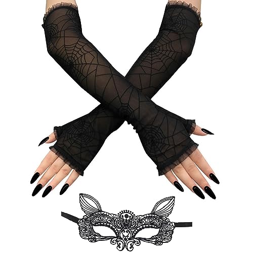 Lifreer Lange Spitzenhandschuhe, Halloween Spider Mesh Handschuhe, Damen lange halbe Fingerhandschuhe mit 1PC schwarzer Spitze Katzenmaske für Damen Halloween Kostüme Zubehör Fancy Dress Handschuhe von Lifreer