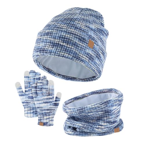 Lifup 3 in 1 Kinder Wintermütze Schal Handschuhe Set für Junge Mädch 4-10 Jahre, Wintermütze mit Bommel Strickmütze Schlauchschal Winterhandschuhe Set Blau Mix von Lifup