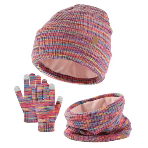 Lifup 3 in 1 Kinder Wintermütze Schal Handschuhe Set für Junge Mädch 4-10 Jahre, Wintermütze mit Bommel Strickmütze Schlauchschal Winterhandschuhe Set Regenbogen Mix von Lifup